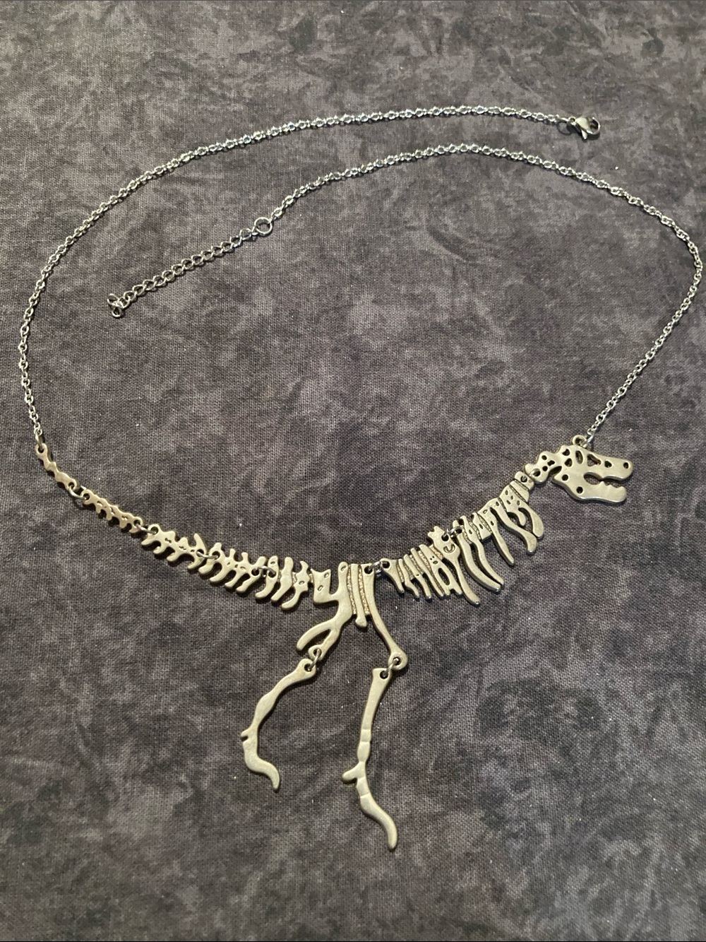 Silver Tone Dinosaur Skeleton Necklace - Reptile Theme Jewelry